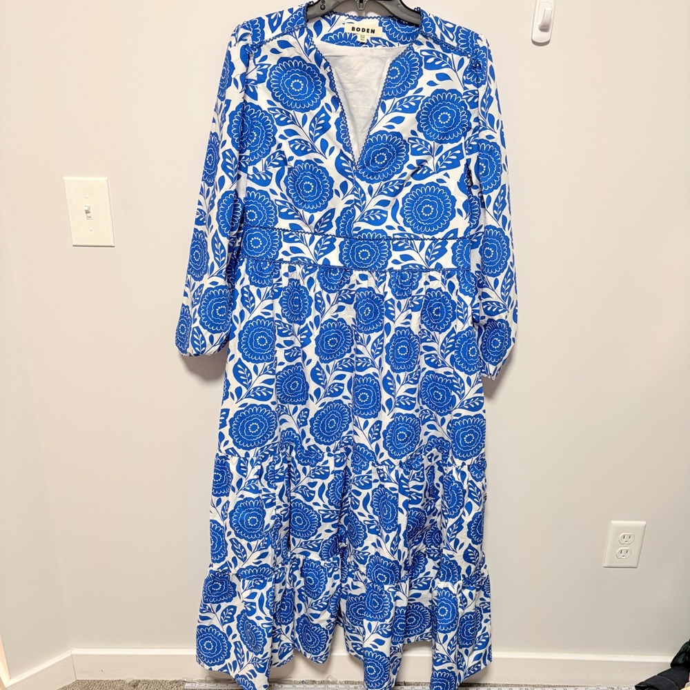 Boden Floral Violet Trim Midi Dress Womens Blue Size 10R Long Sleeve Cotton